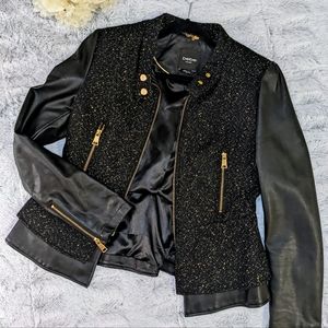 Bebe Medium tweed and leather jacket cropped gold hardware and speckles peplum